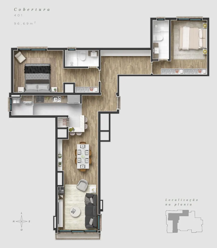 Planta humanizada oficial da cobertura 401, 96,69 m², a maior do residencial