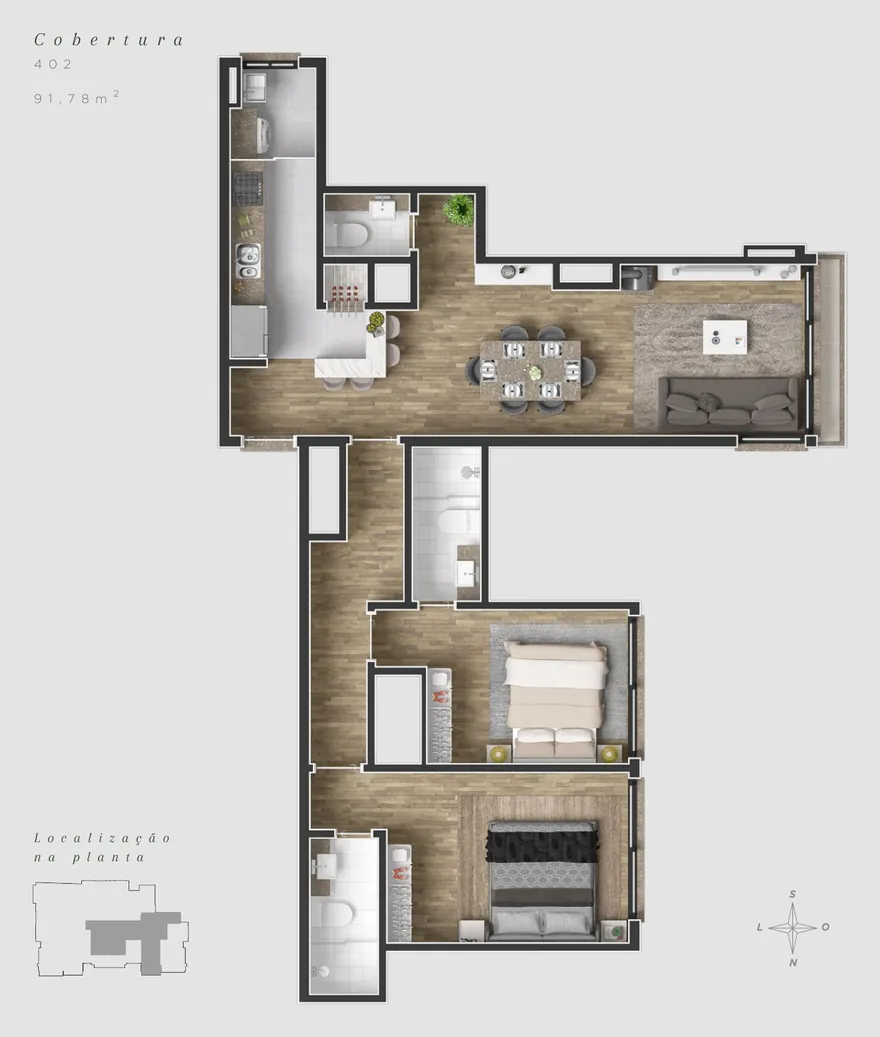 Planta humanizada oficial da cobertura 402, 91,78 m²
