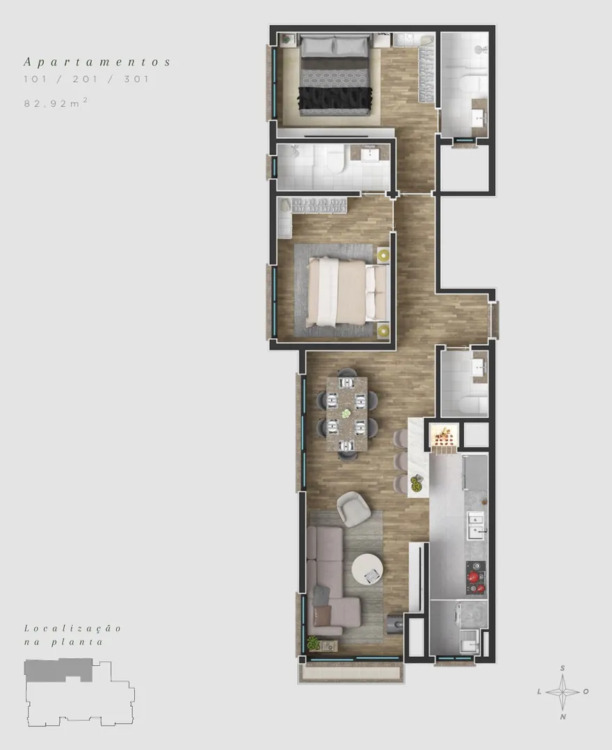 Planta humanizada oficial do apartamento final 01, 82,92 m², 2 suítes