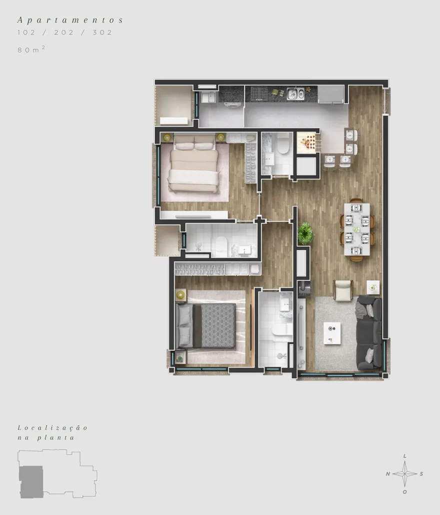 Planta humanizada oficial do apartamento final 02, 80 m², 2 suítes