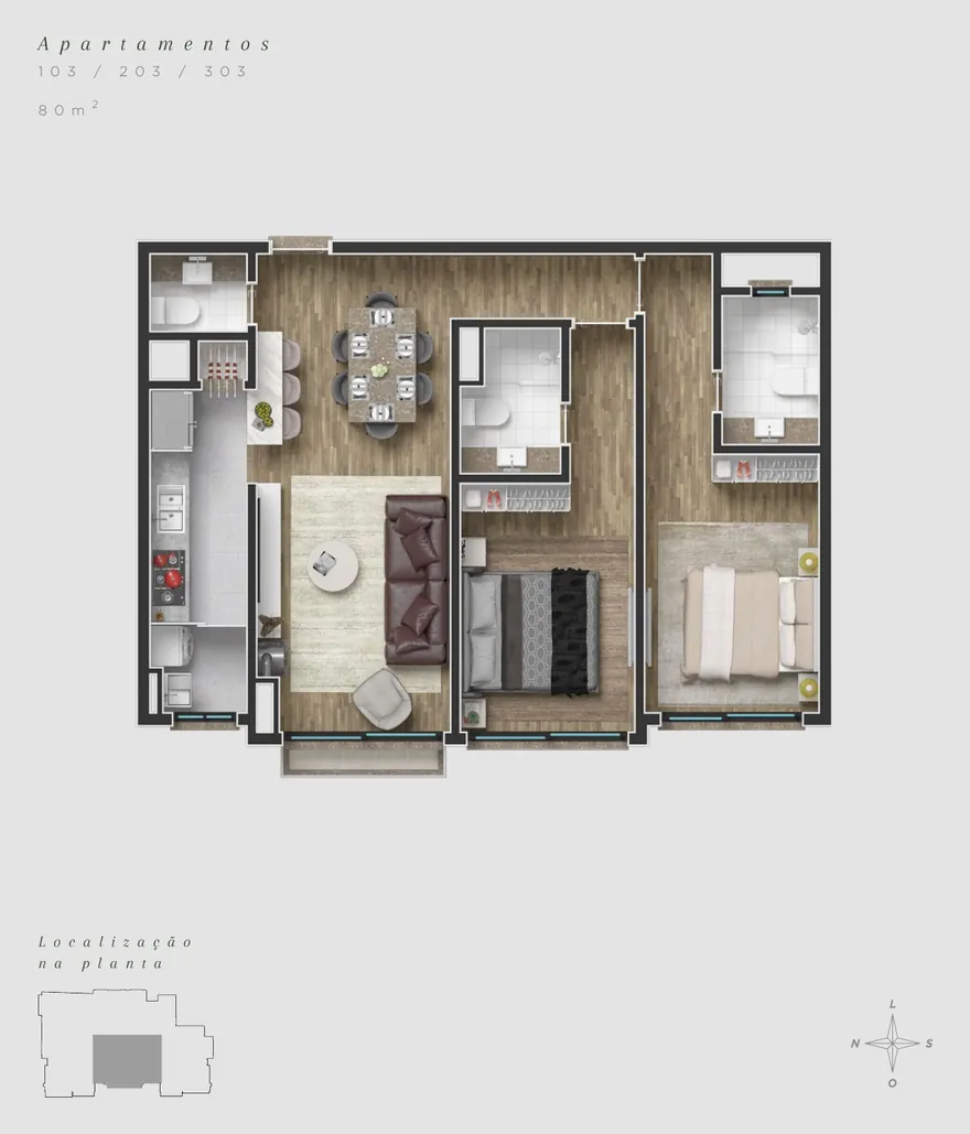 Planta humanizada oficial do apartamento final 03, 80 m², 2 suítes