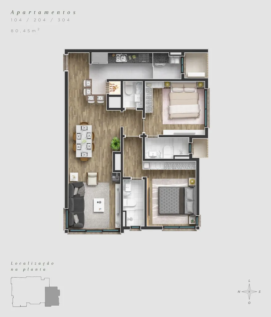 Planta humanizada oficial do apartamento final 04, 80,45 m², 2 suítes